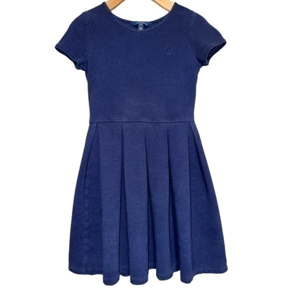 Polo Ralph Lauren XL Navy Blue Heavy Cotton Knit Pleated Skirt Fit Flare Dress